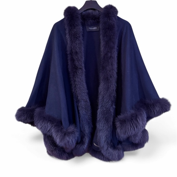 Elegant Navy Fur-Trimmed Poncho